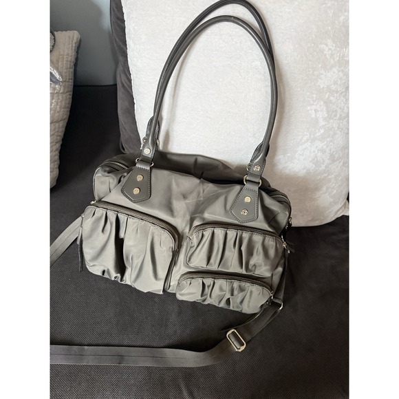 MZ Wallace Handbags - MZ Wallace Gray Nylon and Leather Bedford Jane Shoulder Bag with Zip Pouch